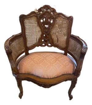 Early 20th Century Antique, Hand Carved Wood and Rattan, Sitting Chair, Reupholstered