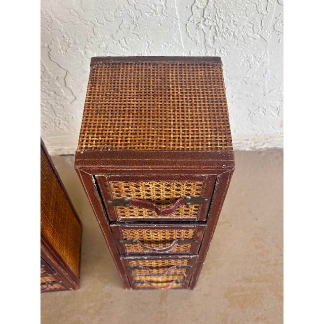 Wood Pair Vintage Leather & Cane Four Drawer Apothecary Chests, 1980s For Sale - Image 7 of 8