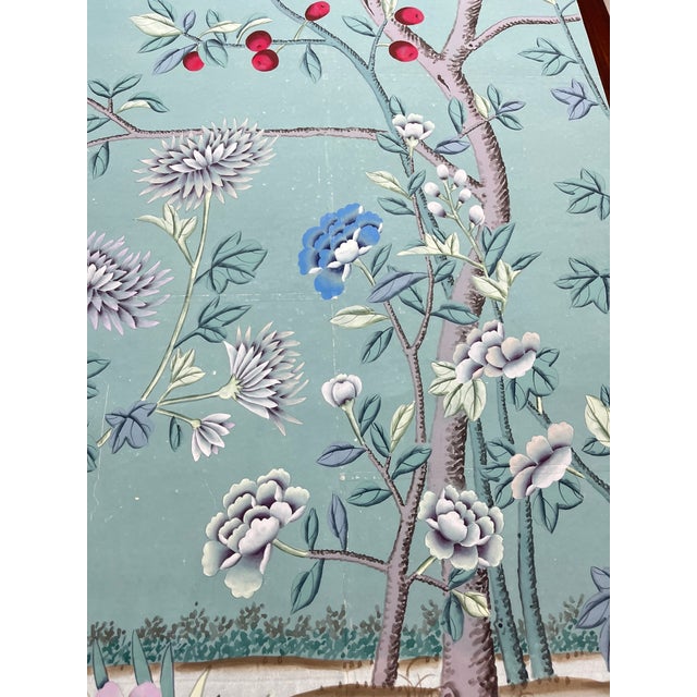 Exquisitely hand-painted 4-panel chinoiserie mural set with elegant dusty blue backdrop, featuring layered blooming...