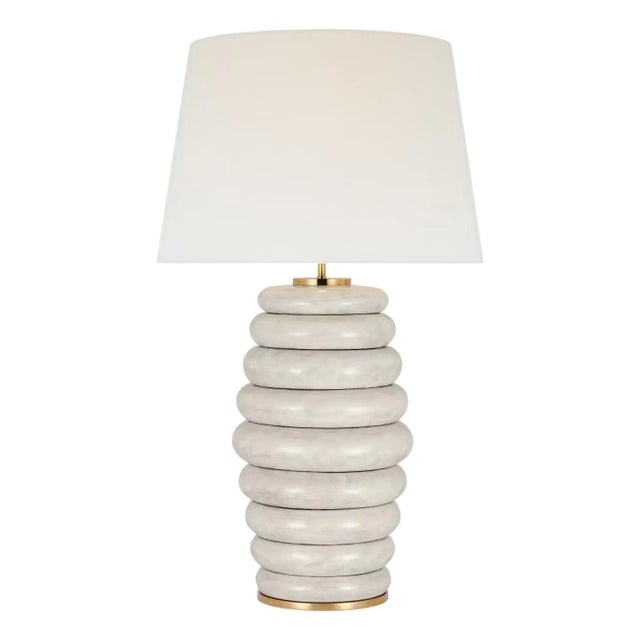 Kelly Wearstler by Visual Comfort Signature Phoebe Extra Large Stacked Table Lamp in Antiqued White with Linen Shade For Sale