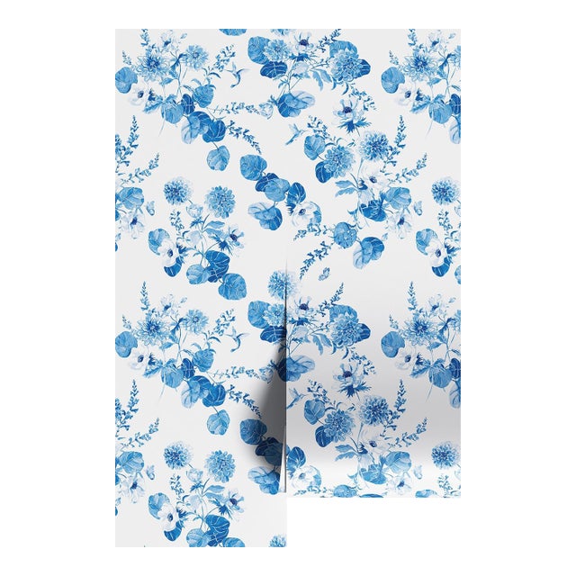 Chirp Society Floral Grasscloth Wallpaper by House Party | French Blue | 6 Yards For Sale