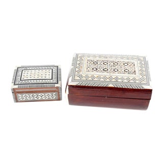Inlaid Wood Jewelry Boxes - A Pair For Sale