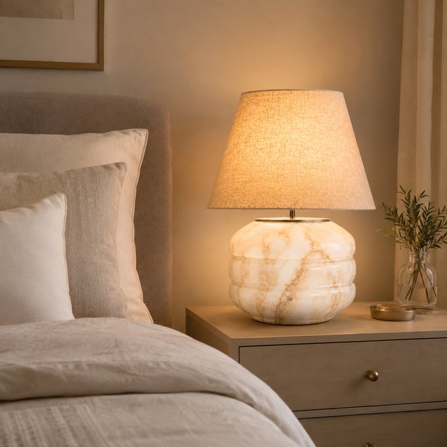 Contemporary Hand-Blown Glass Table Lamp with Linen Shade in White Marble by Svitanok For Sale - Image 3 of 4