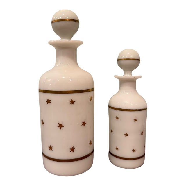 Antique Portieux Vallerysthal French White Opaline Gold Star Apothecary Bottles — Pair For Sale