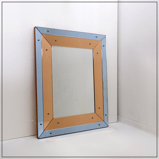 Beveled Wall Mirror with Blue and Copper Mirror Panels, 1930s For Sale - Image 3 of 16