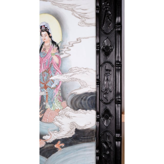 Antique Guanyin Riding Dragon (Kwan Yin) (Quan Yin) Large Hand Painted Porcelain Tile in Carved Black Wooden Framed Excellent Condition For Sale - Image 12 of 14