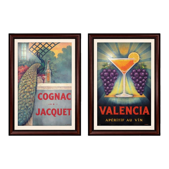 Pair of Vintage French Art Deco Advertising Posters — “Cognac Jacquet” & “Valencia” Aperitif — Large Framed Wall Art Set For Sale