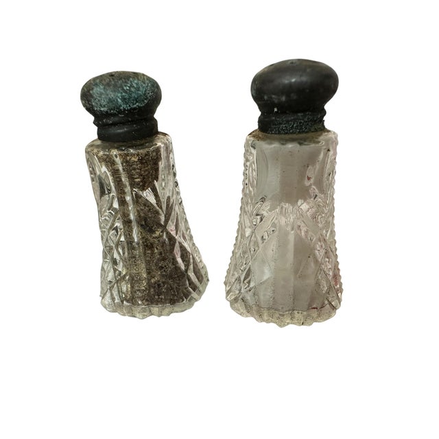 1930s Vintage Cut Crystal Glass Sterling Silver Salt Pepper Shakers For Sale - Image 5 of 8