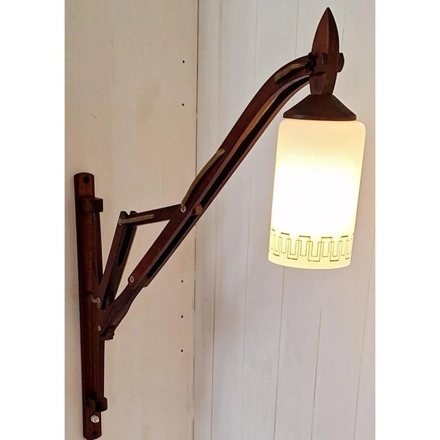 Mid-Century Danish Extendable Teak Wall Lamp with Swivel Arm and White Patterned Glass Shade, 1960s For Sale - Image 11 of 11