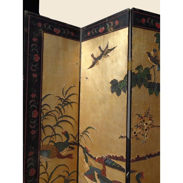 Chinoiserie Oriental Asian Four Panel Screen Gold Chinoiserie Coromandel Room Divider Geese For Sale - Image 3 of 12