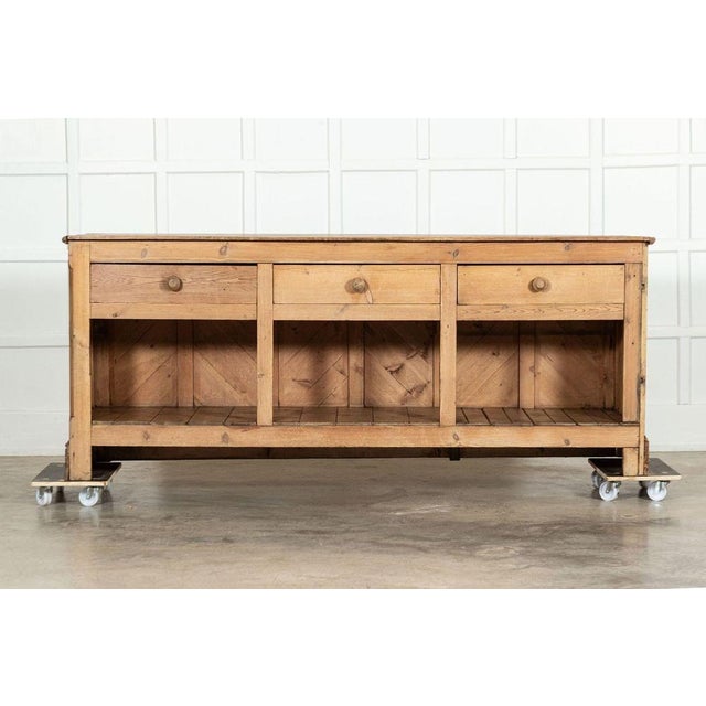 Circa 1870 Large 19th Century English Pine Shop Counter. Width 226cm x Depth 64cm x Height 92cm Weight 79kg.