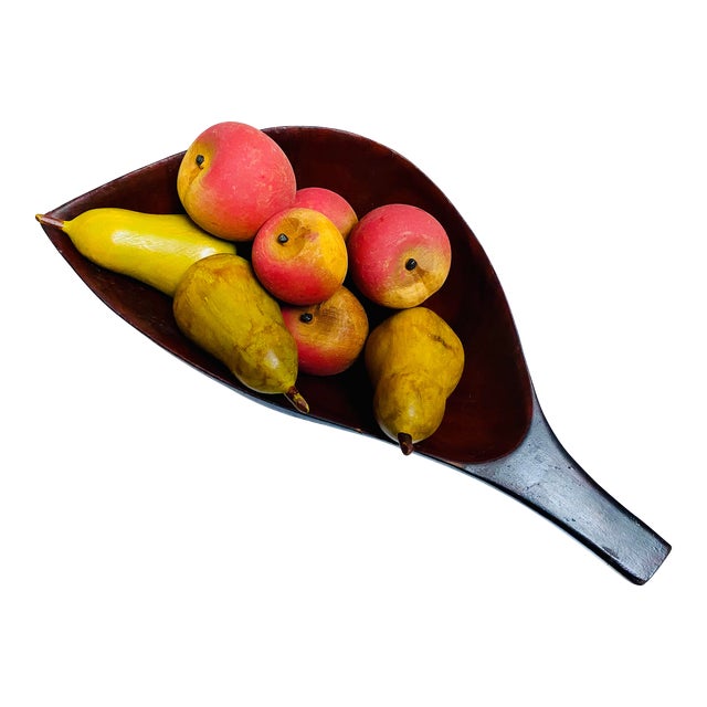 Mid Century Carved Wood Deep Leaf Shaped Bowl With Wood Fruit- 9 Pieces For Sale