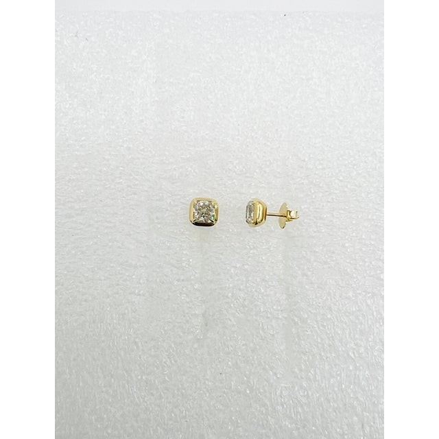 Gia Cushion 1 Carat Each Diamond Bezel Stud Earrings in 18k Yellow Gold, A Pair For Sale - Image 4 of 6