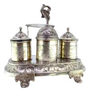 Chiseled Silver Inkwell with Scrolls, Acanthus Leaves, Tanks, Bell and Pen Holder