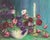 Wonderfully vibrant floral still life of petunias in bowl with brass candle stick by Jennie Thatcher Crawford (American,...