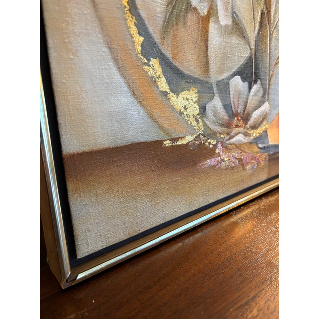 Original Oriental Style Floral Painting With Gold Leaf, Dated 1981 Signed For Sale - Image 15 of 15