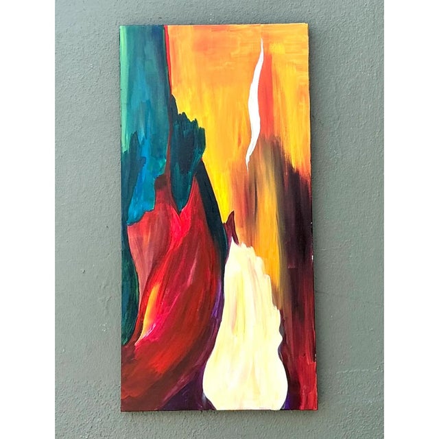 Characterized by fiery color contrast and sweeping vertical motion, this original mid-century modern abstract...