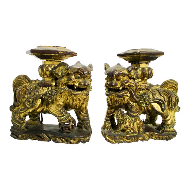 Chinese Gilt Foo Dogs Candle Stands 19th Century - A Pair of 2 For Sale