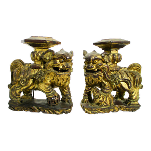 Chinese Gilt Foo Dogs Candle Stands 19th Century - A Pair of 2