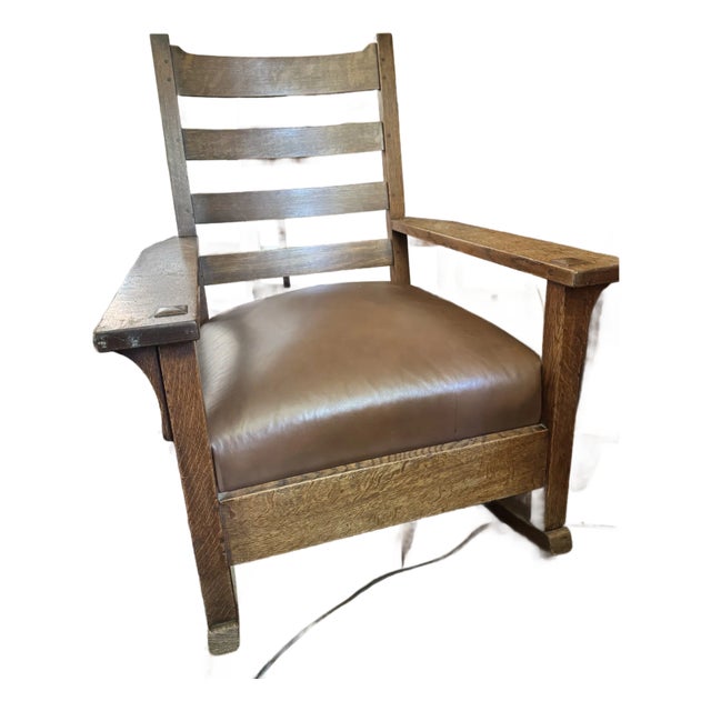 Antique Mission Oak Rocking Chair With New Leather Seat by Willow Branch Upholstery For Sale