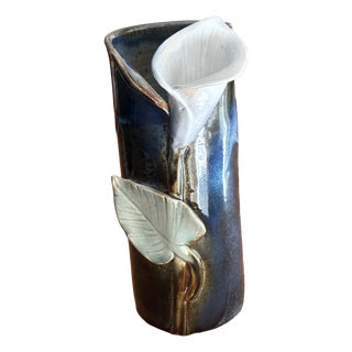 Vintage Glazed Ceramic Roller Vase with Arum Lily Decoration, 1950s For Sale