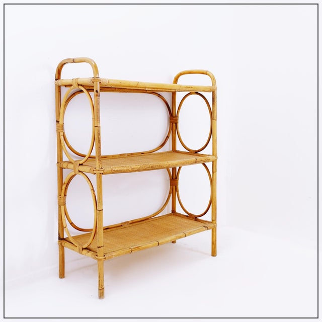 1960s Vintage Bohemian Style Three-Tier Rattan Shelf, 1960s For Sale - Image 5 of 15