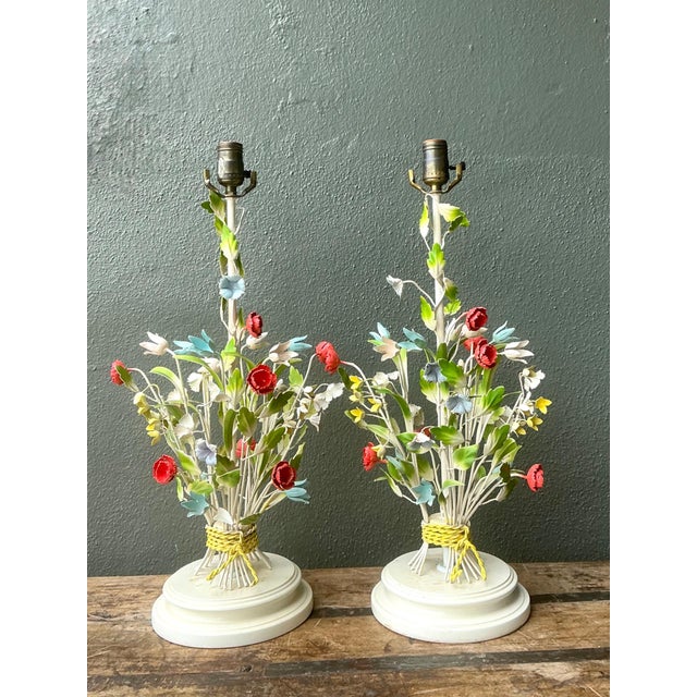 Mid 20th Century Vintage Floral Bouquet Tole Table Lamps - Pair For Sale - Image 5 of 18