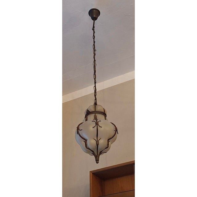 Venetian Murano Blown Frosted Glass Hall Lantern Pendant Light in Iron Frame, Italy, 1960s For Sale - Image 6 of 11