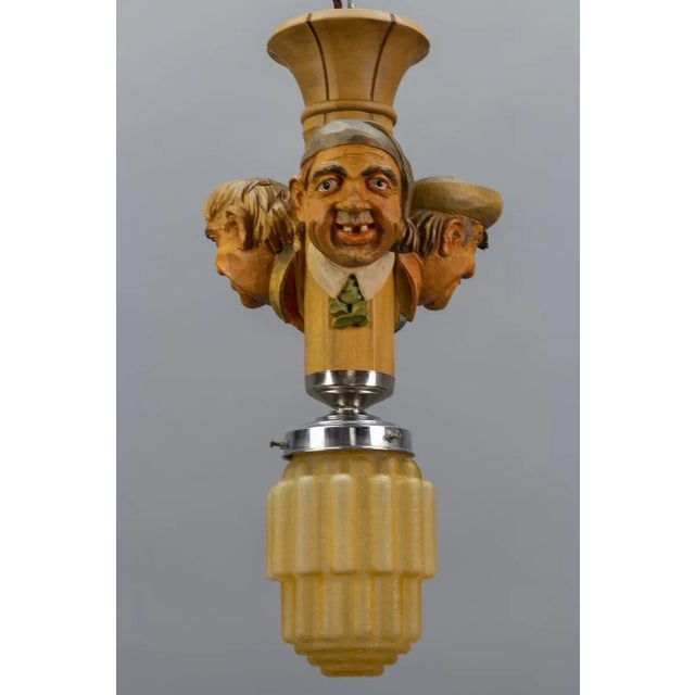 Art Deco Style Hand-Carved Wooden and Glass Pendant Light For Sale - Image 4 of 18