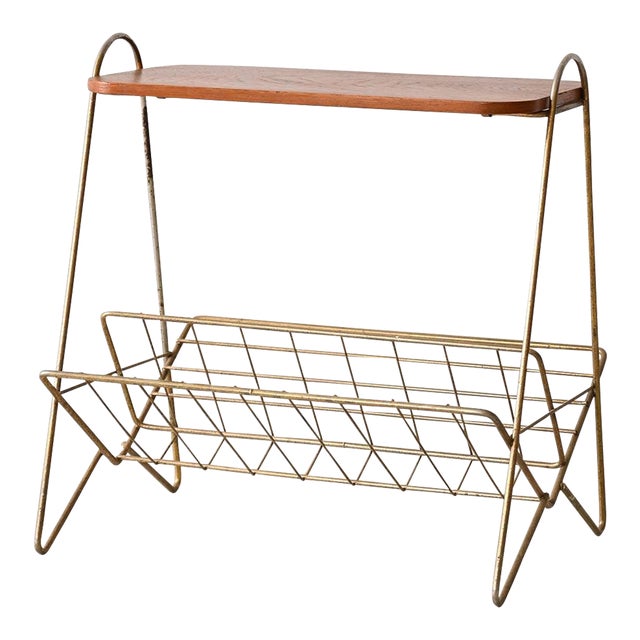 1960s Vintage Wood and Metal Magazine Rack | Chairish