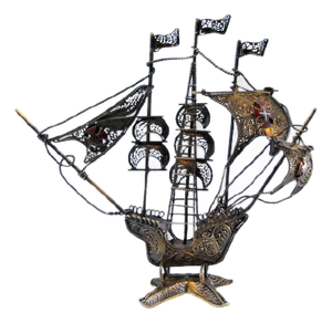 Silver Filigree Caravel with Crosses on the Sails and Masts
