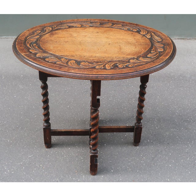 Antique Carved Tiger Oak Folding Tea Coffee Table Barley Twist End of XIXth Century For Sale In Los Angeles - Image 6 of 13