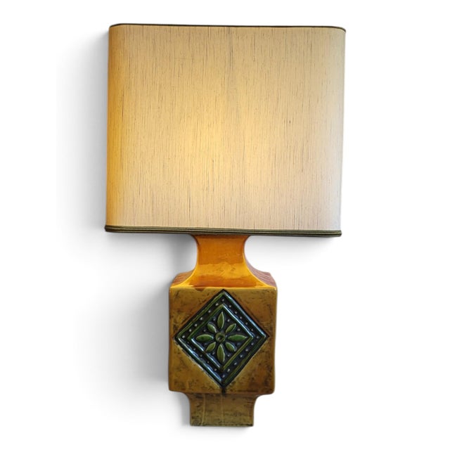 Ceramic Mustard Yellow Glazed Ceramic Lamp with Floral Diamond Pattern, Vallauris, France, 1960s For Sale - Image 7 of 13