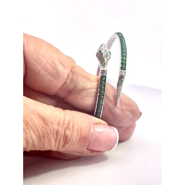 Modern Serpent Wrap Bangle With Green Jade Beads and Cubic Zirconia For Sale - Image 3 of 9