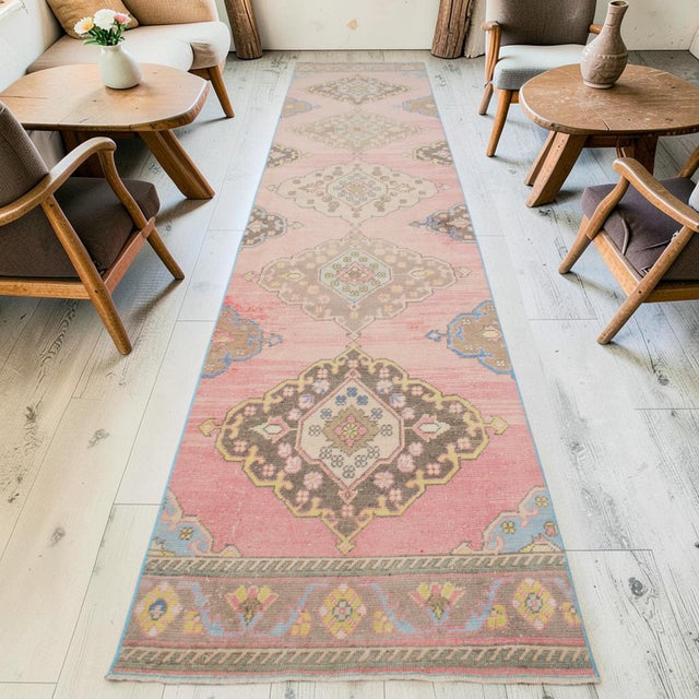 Contemporary 1960s Traditional Turkish Runner Hand Knotted Distressed Low Pile Pink Hallway Rug Kitchen Decor For Sale - Image 3 of 12