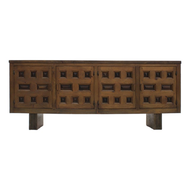 Vintage Brutalist Spanish Carved Credenza, 1960s For Sale