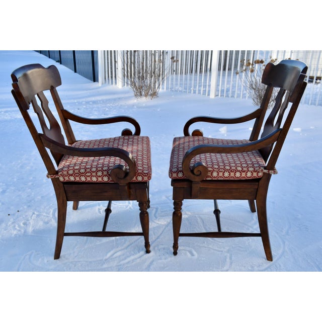 Brown Bernhardt Mahogany Arm Chairs Pair Vintage Stretcher Base 80s For Sale - Image 8 of 13