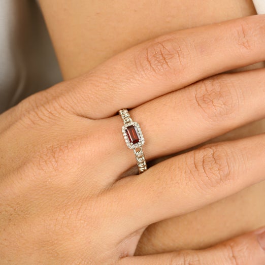 Baguette Cut Garnet Halo Diamond Birthstone Ring Size 6.5 in 14k White Gold For Sale In New York - Image 6 of 11