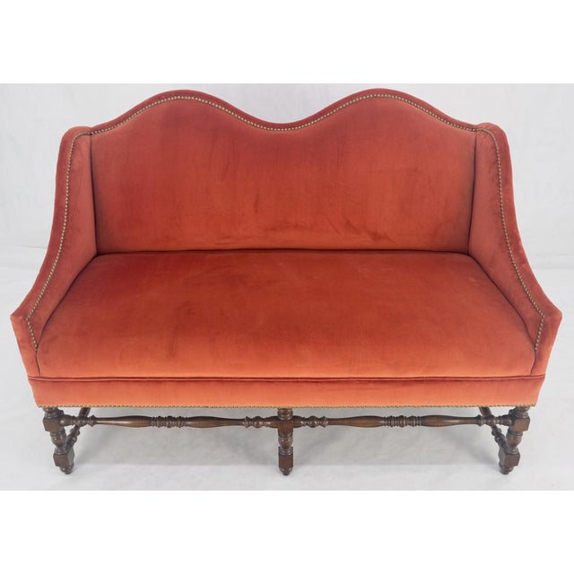 William & Mary Style Brick Red Camel Back Upholstery Walnut Base Sofa Loveseat For Sale - Image 10 of 15