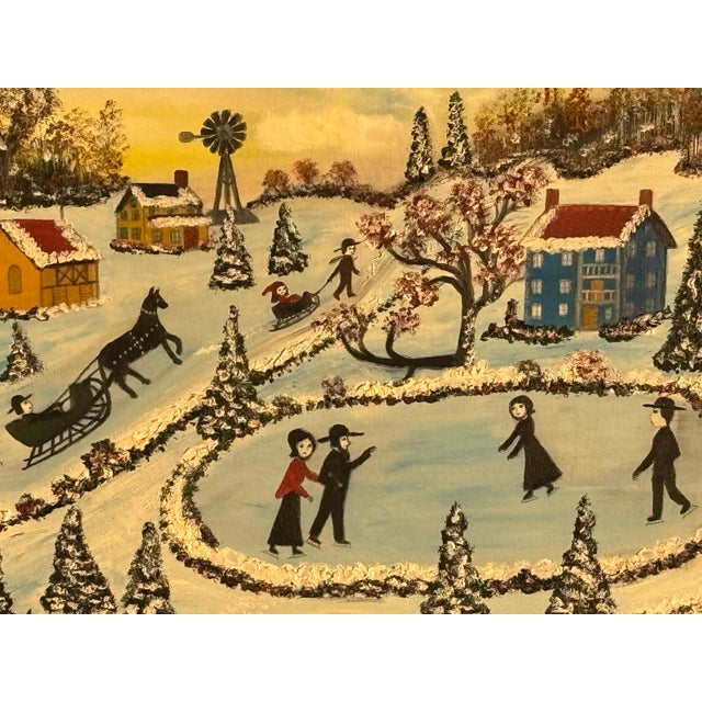 A Romantic Day at the Pond - Early 20th C. Original Oil on Canvas Winter Skating Scene For Sale - Image 9 of 9