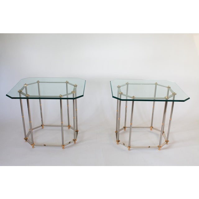 Metal Vintage Hollywood Regency Style Brass and Chrome End Tables - A Pair For Sale - Image 7 of 13