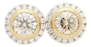 3.10 Carat Fancy Brown Diamond Bezel and Halo Stud Earrings 18k Gold, A Pair
