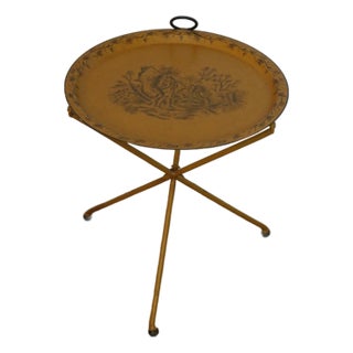 Mid-Century Italian Tole Tray Table With Painted Pastoral Scene For Sale