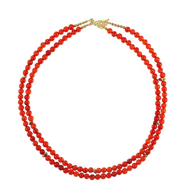 Traditional Two Strand Carnelian With Gold Vermeil Accents Necklace For Sale - Image 3 of 6