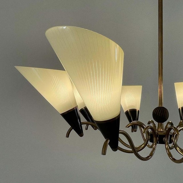 Metal Scandinavian Opaline Glass and Brass Chandelier, 1950s For Sale - Image 7 of 17