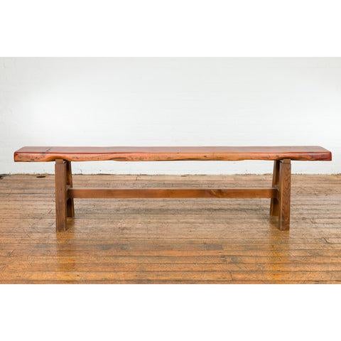 1950s Mingei Style Rustic A-Frame Wooden Bench Made of Railroad Ties with Stretcher For Sale - Image 5 of 12