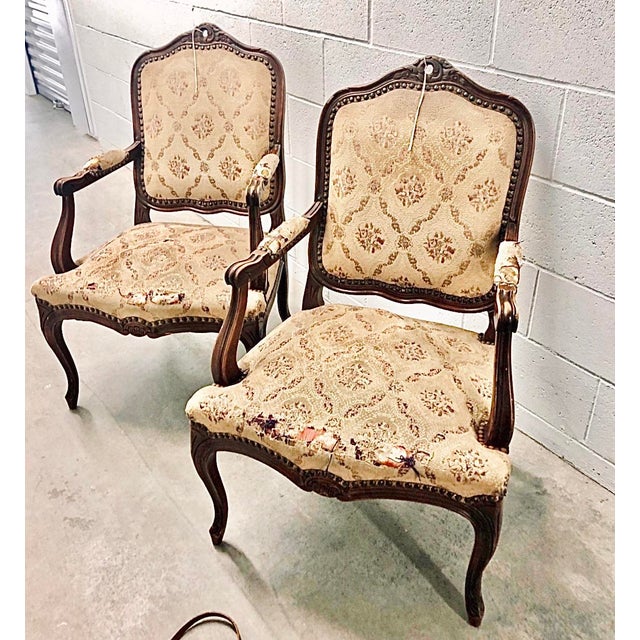 Late 19th Century Pair of Restored Louis XV–Style Walnut Fauteuil Armchairs in Ivory/Taupe/Black/White Stripe For Sale - Image 9 of 17