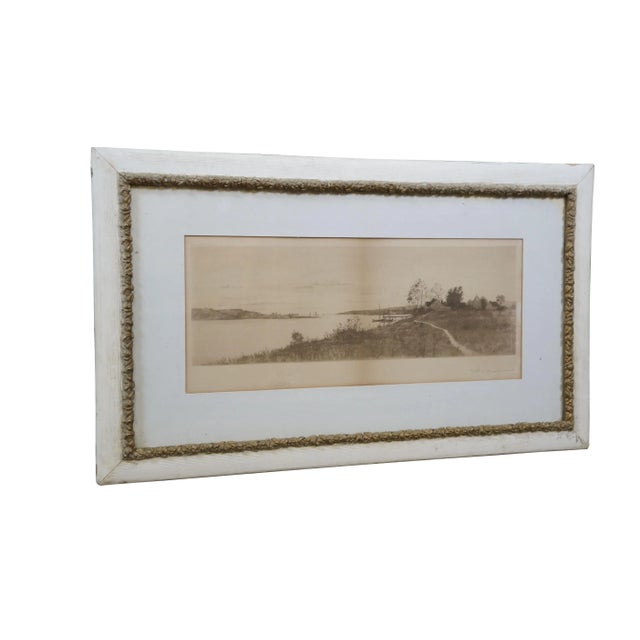 Late 19th century black and white etching by John Octavius Anderson. A panoramic riverscape featuring small docks and...