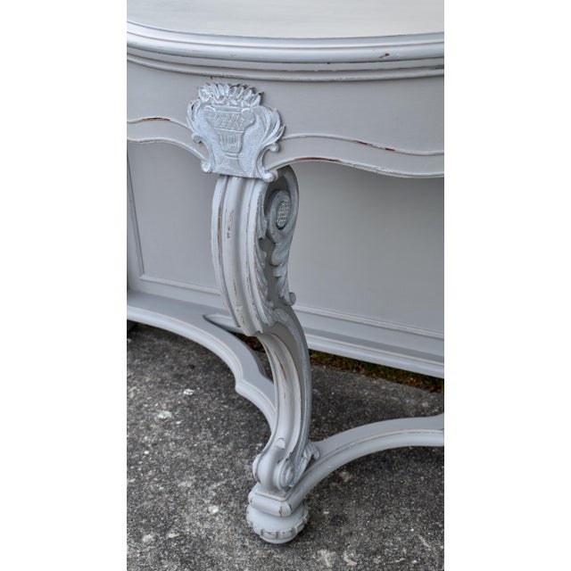 Gray Antique Walnut Carved Hollywood Regency Style Console Table Painted Gray/Distres For Sale - Image 8 of 15