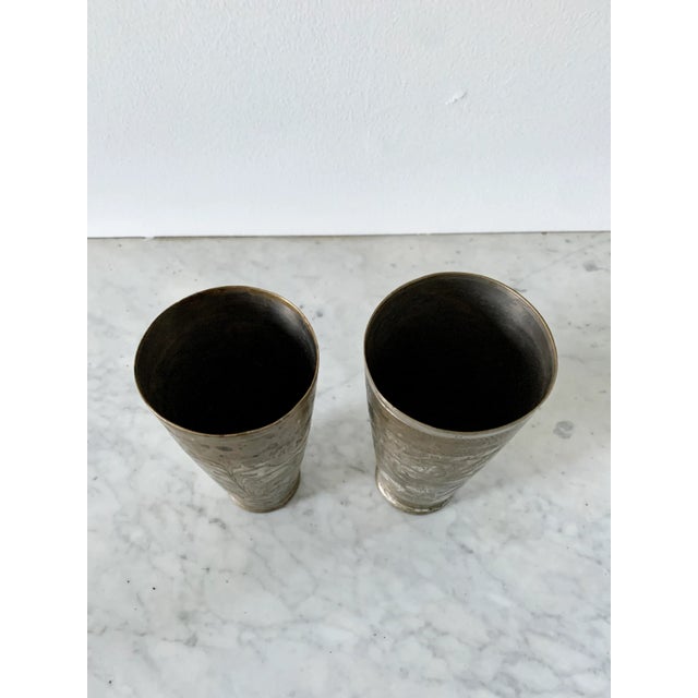 Indian Antique Indian Etched Brass Metal Lassi Cups or Vases, Pair For Sale - Image 3 of 13